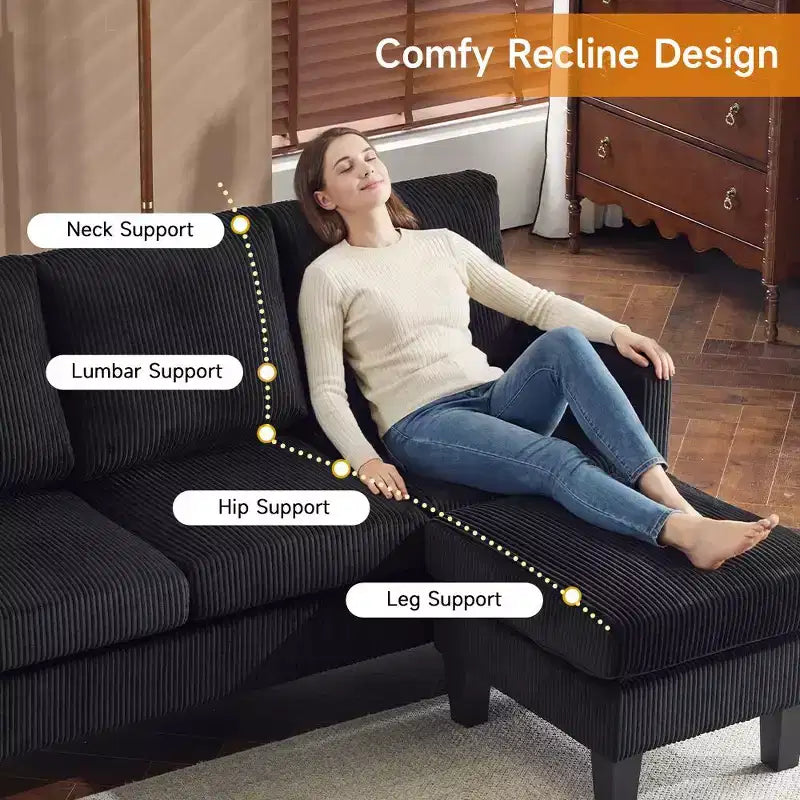 Divano sezionale a L in velluto a coste largo 174 cm con pouf contenitore, 3 posti