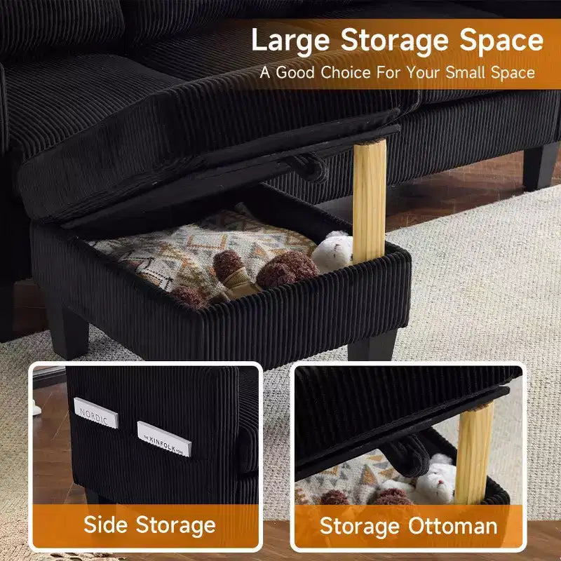 Divano sezionale a L in velluto a coste largo 174 cm con pouf contenitore, 3 posti