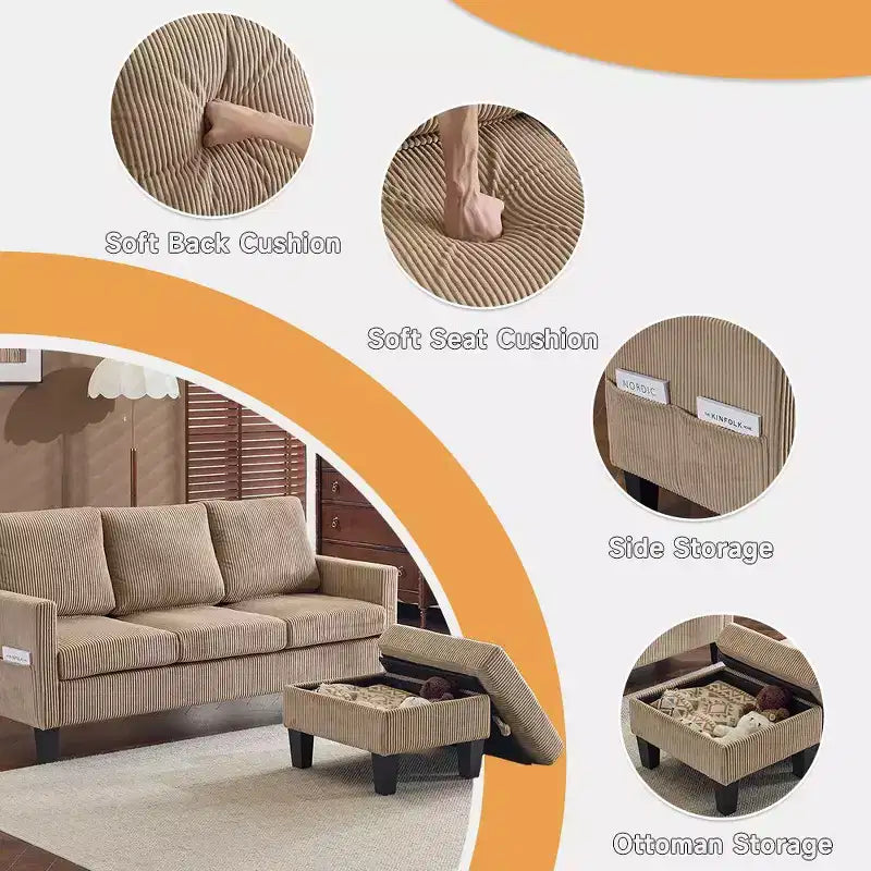 Divano sezionale a L in velluto a coste largo 174 cm con pouf contenitore, 3 posti