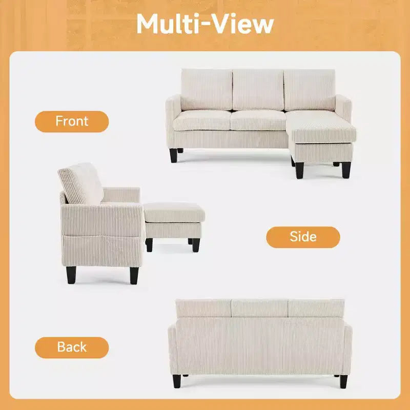 Divano sezionale a L in velluto a coste largo 174 cm con pouf contenitore, 3 posti