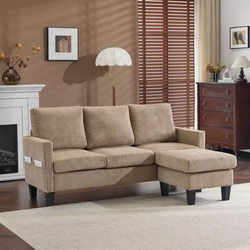 Divano sezionale a L in velluto a coste largo 174 cm con pouf contenitore, 3 posti