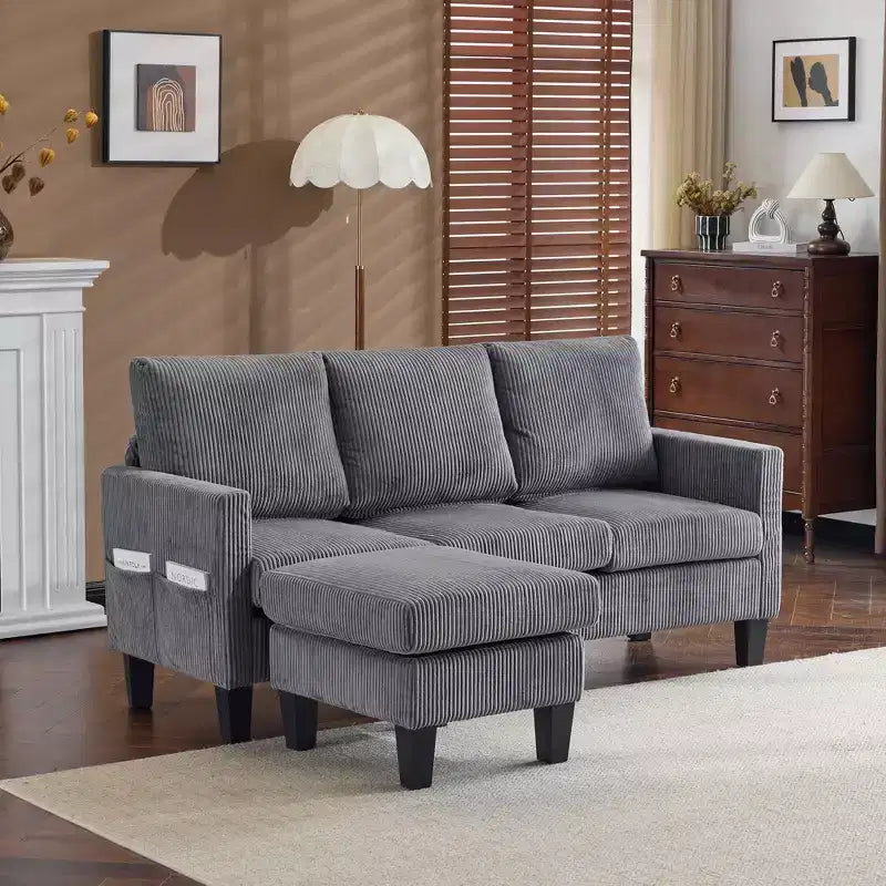 Divano sezionale a L in velluto a coste largo 174 cm con pouf contenitore, 3 posti
