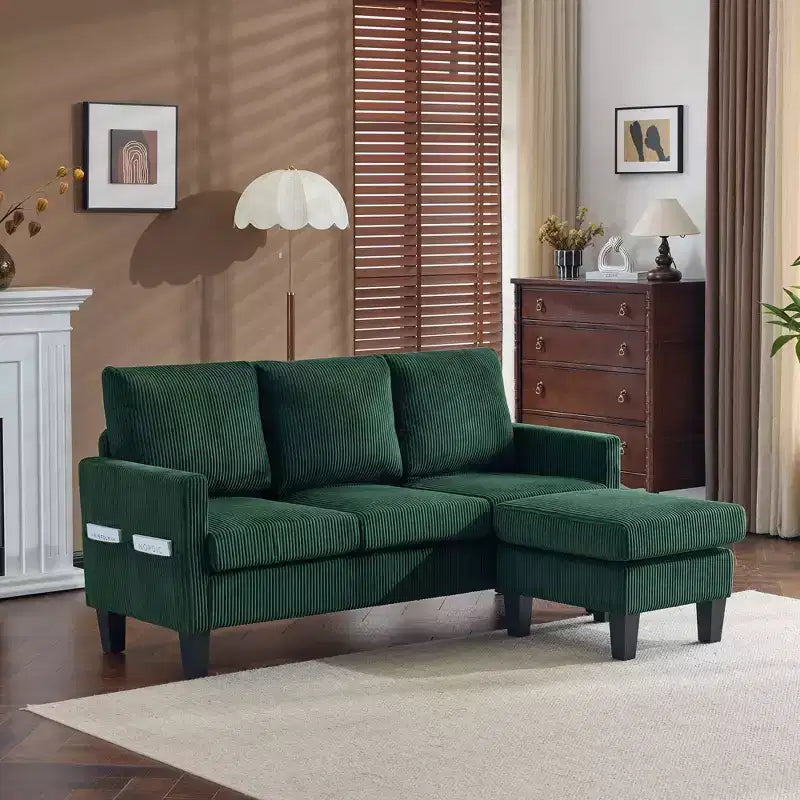 Divano sezionale a L in velluto a coste largo 174 cm con pouf contenitore, 3 posti