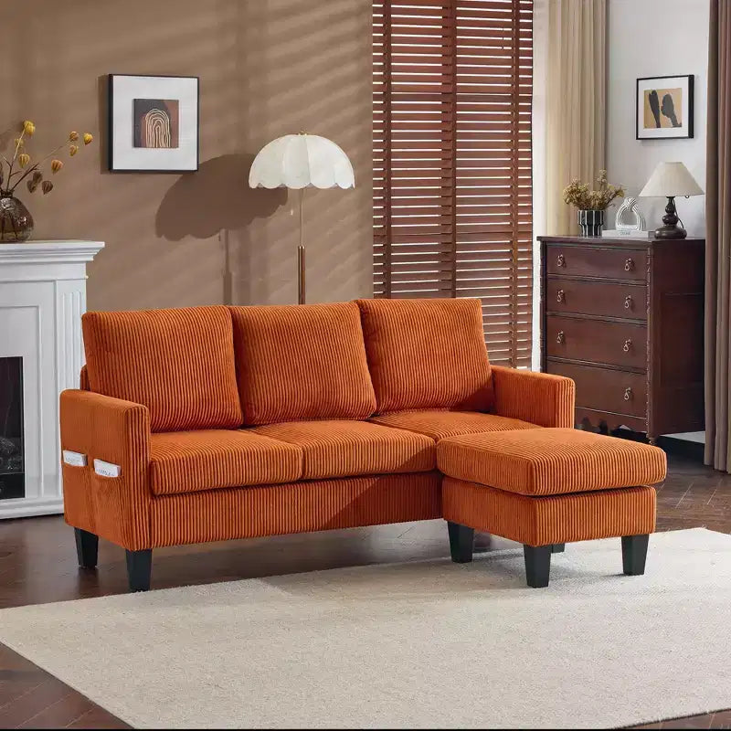 Divano sezionale a L in velluto a coste largo 174 cm con pouf contenitore, 3 posti