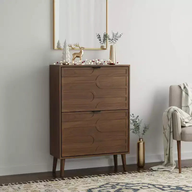 Homy Casa Modern 2-Flip Drawer Shoe Cabinet with Display Shelf and Wood Legs