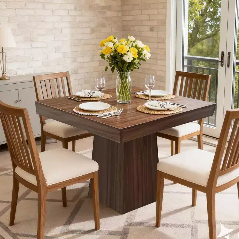 Tavolo da Pranzo Quadrato da 80 cm con Base a Piedistallo, 4 Posti a Sedere