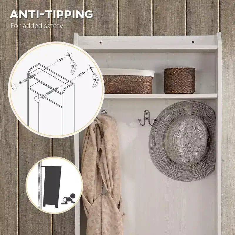 Appendiabiti rustico da ingresso con panca portascarpe e 3 ganci - Attaccapanni con ripiani contenitori, Bianco