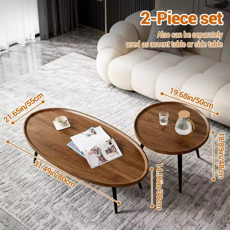 Set di 2 tavolini impilabili – Piano ovale in legno con gambe in metallo