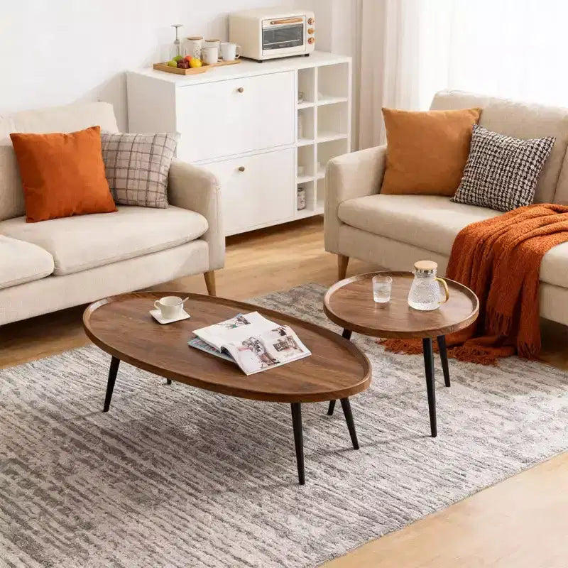 Set di 2 tavolini impilabili – Piano ovale in legno con gambe in metallo