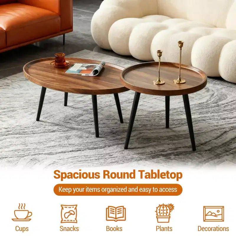 Set di 2 tavolini impilabili – Piano ovale in legno con gambe in metallo