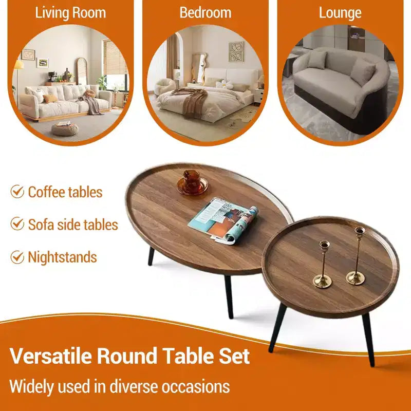 Set di 2 tavolini impilabili – Piano ovale in legno con gambe in metallo