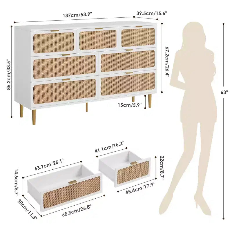 Cassettiera in Rattan a 7 Cassetti, Settimanale Alto con Ante Intrecciate a Mano e 5 Gambe in Metallo per Camera da Letto e Soggiorno