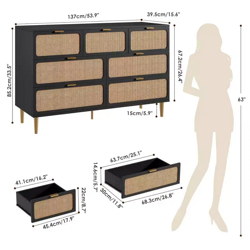 Cassettiera in Rattan a 7 Cassetti, Settimanale Alto con Ante Intrecciate a Mano e 5 Gambe in Metallo per Camera da Letto e Soggiorno