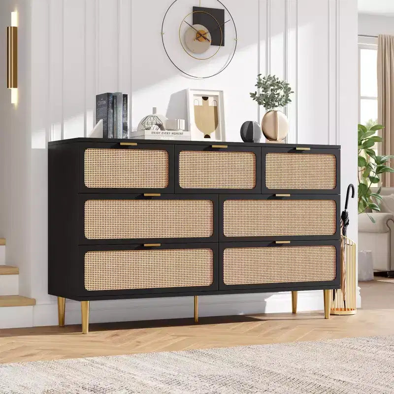 Cassettiera in Rattan a 7 Cassetti, Settimanale Alto con Ante Intrecciate a Mano e 5 Gambe in Metallo per Camera da Letto e Soggiorno