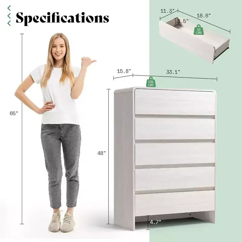 Cassettiera a 5 cassetti con angoli arrotondati e maniglie a scomparsa