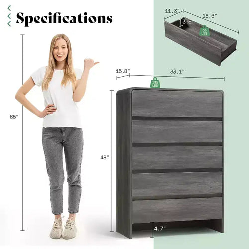 Cassettiera a 5 cassetti con angoli arrotondati e maniglie a scomparsa