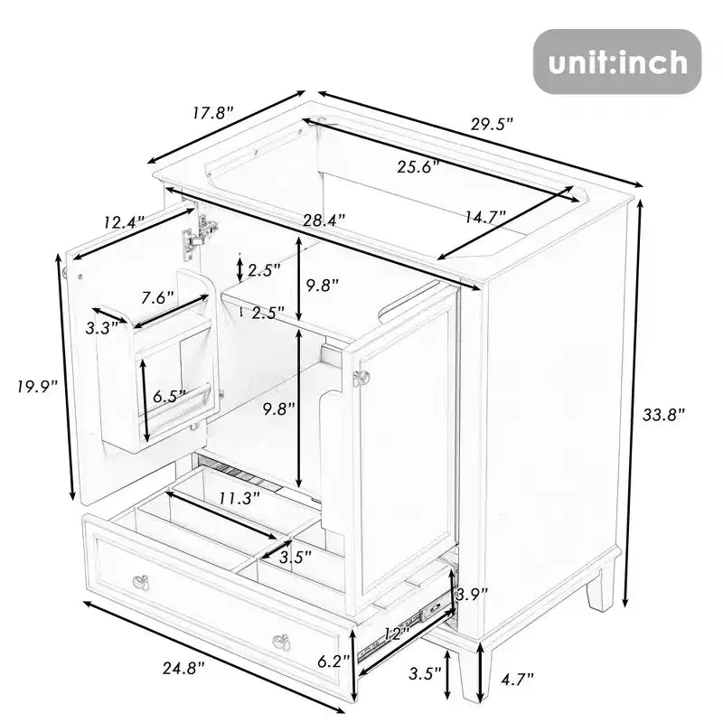 Mobiletto da bagno da 30 pollici senza lavabo, autoportante con cassetto e ante chiuse, struttura in MDF, verde