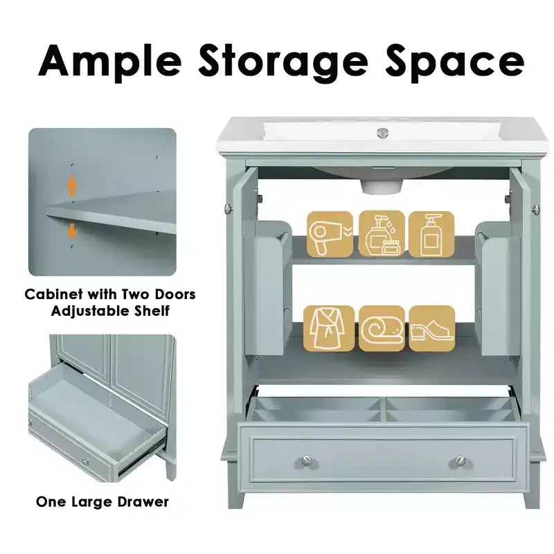 Mobiletto da bagno da 30 pollici senza lavabo, autoportante con cassetto e ante chiuse, struttura in MDF, verde
