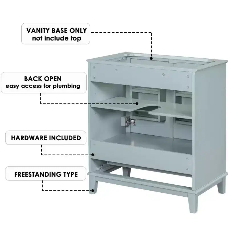 Mobiletto da bagno da 30 pollici senza lavabo, autoportante con cassetto e ante chiuse, struttura in MDF, verde