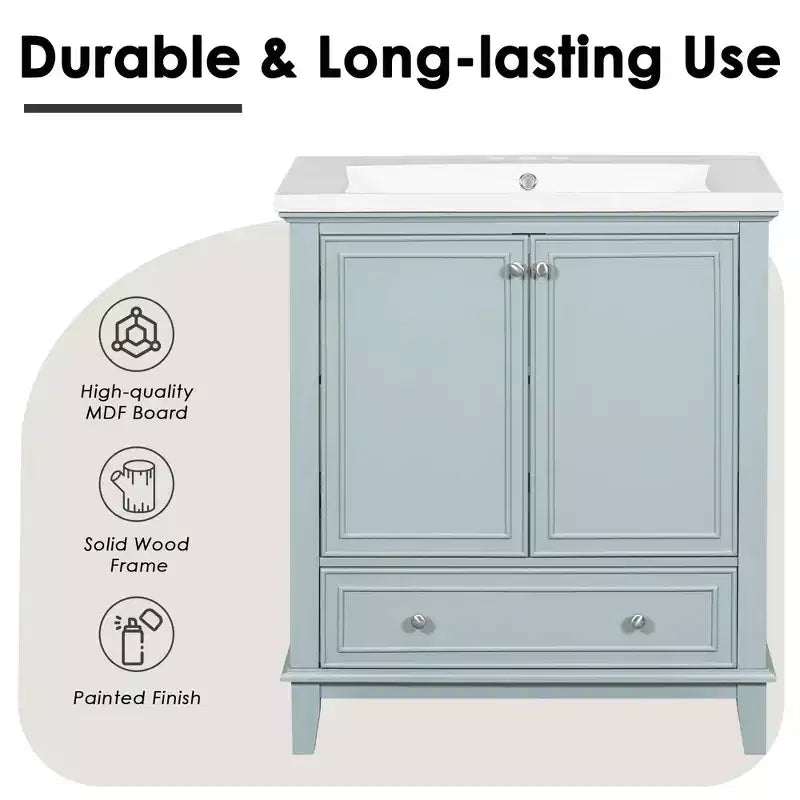 Mobiletto da bagno da 30 pollici senza lavabo, autoportante con cassetto e ante chiuse, struttura in MDF, verde