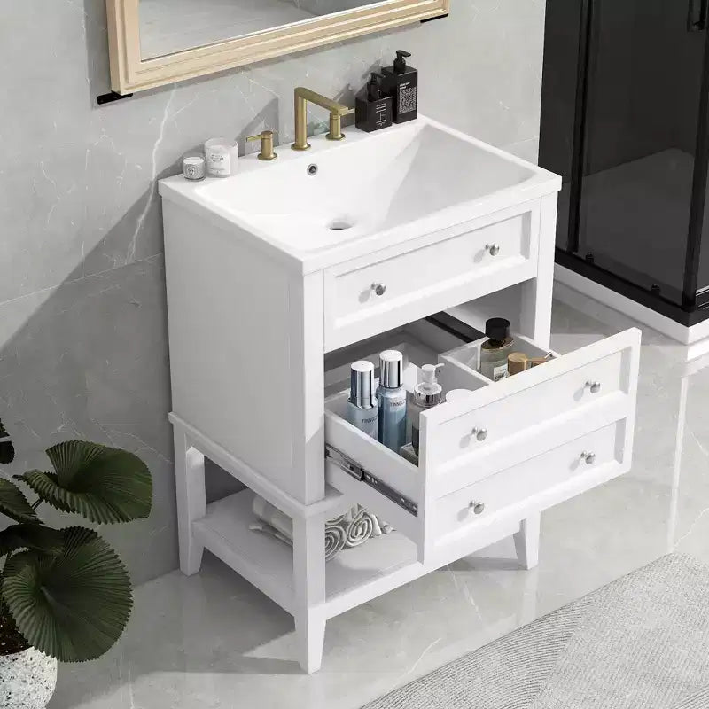 Mobile bagno da 60 cm con lavabo, cassetto portaoggetti, ripiano aperto, struttura in legno massello, bianco