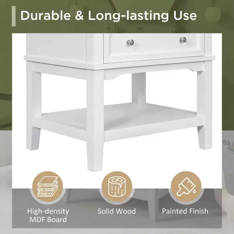 Mobile bagno da 60 cm con lavabo, cassetto portaoggetti, ripiano aperto, struttura in legno massello, bianco