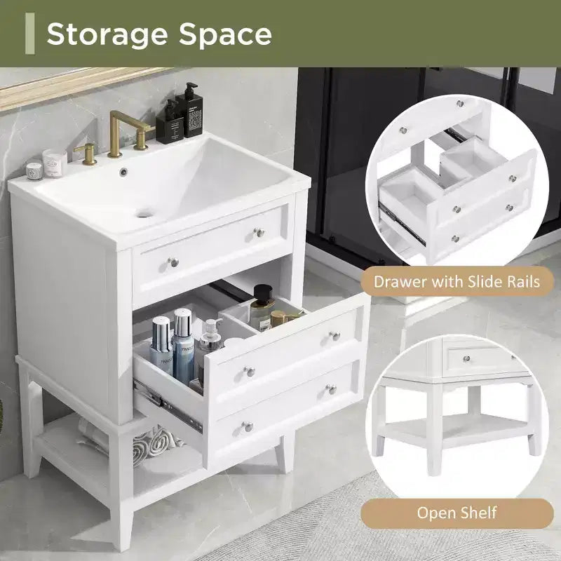 Mobile bagno da 60 cm con lavabo, cassetto portaoggetti, ripiano aperto, struttura in legno massello, bianco