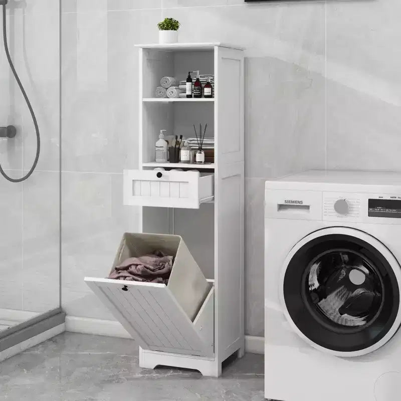 Mobile Contenitore Sottile per Bagno con Cesto Biancheria Rimovibile