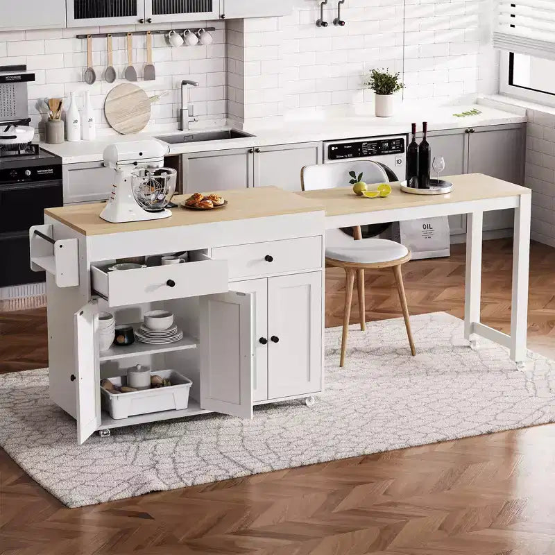 Isola per cucina da 74,5 pollici con tavolo da pranzo estensibile e contenitore, su rotelle