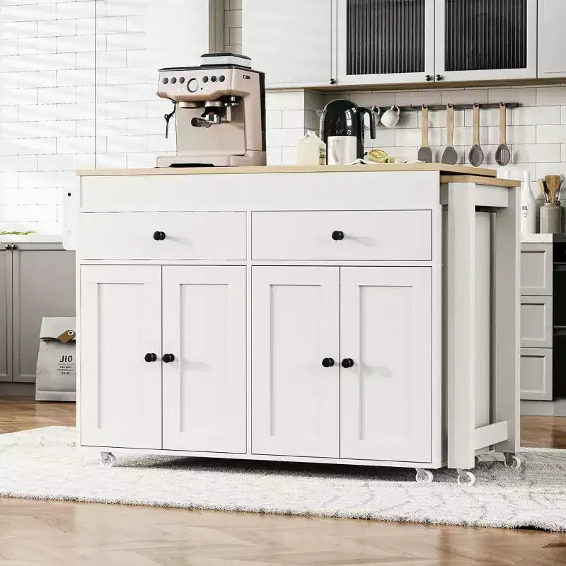 Isola per cucina da 74,5 pollici con tavolo da pranzo estensibile e contenitore, su rotelle