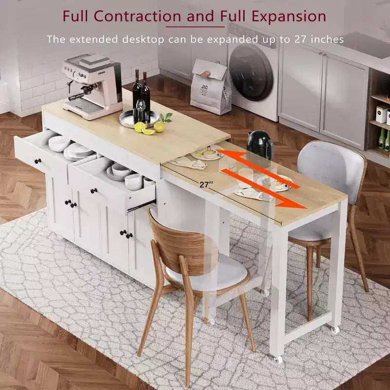 Isola per cucina da 74,5 pollici con tavolo da pranzo estensibile e contenitore, su rotelle