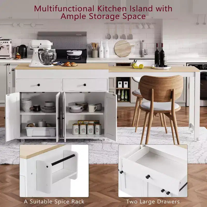 Isola per cucina da 74,5 pollici con tavolo da pranzo estensibile e contenitore, su rotelle