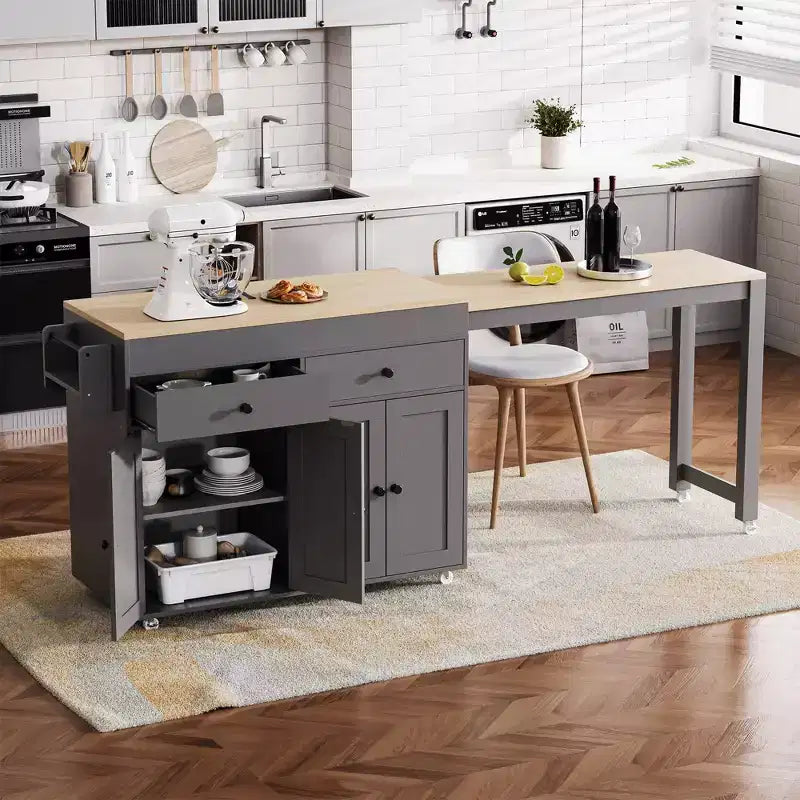 Isola per cucina da 74,5 pollici con tavolo da pranzo estensibile e contenitore, su rotelle