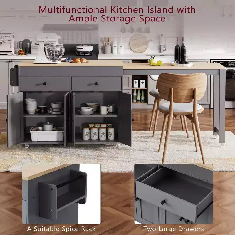 Isola per cucina da 74,5 pollici con tavolo da pranzo estensibile e contenitore, su rotelle