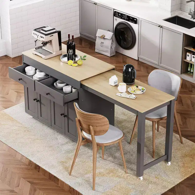 Isola per cucina da 74,5 pollici con tavolo da pranzo estensibile e contenitore, su rotelle