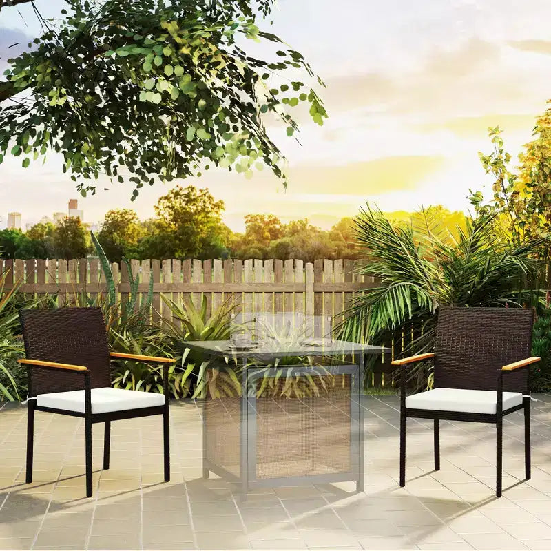 Sedie impilabili da pranzo per esterni in polyrattan con cuscino, set da 2