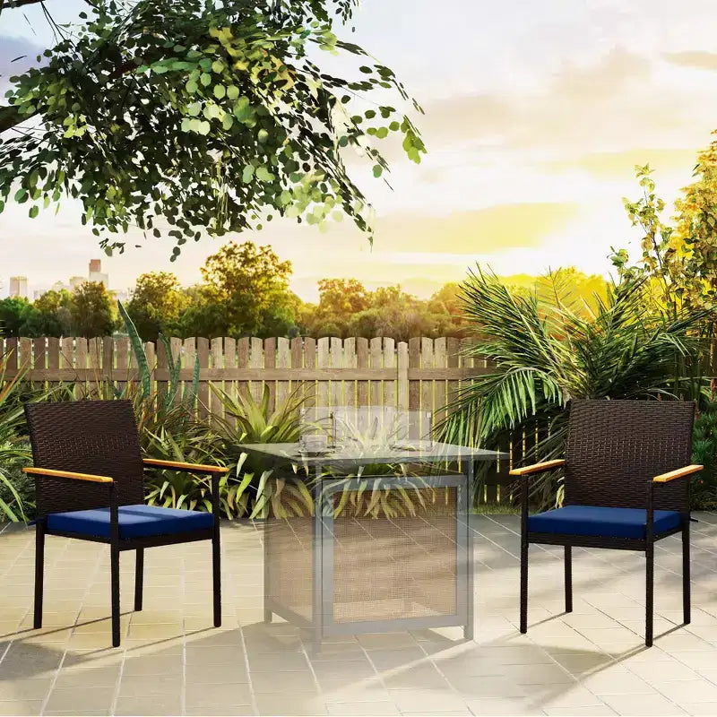 Sedie impilabili da pranzo per esterni in polyrattan con cuscino, set da 2