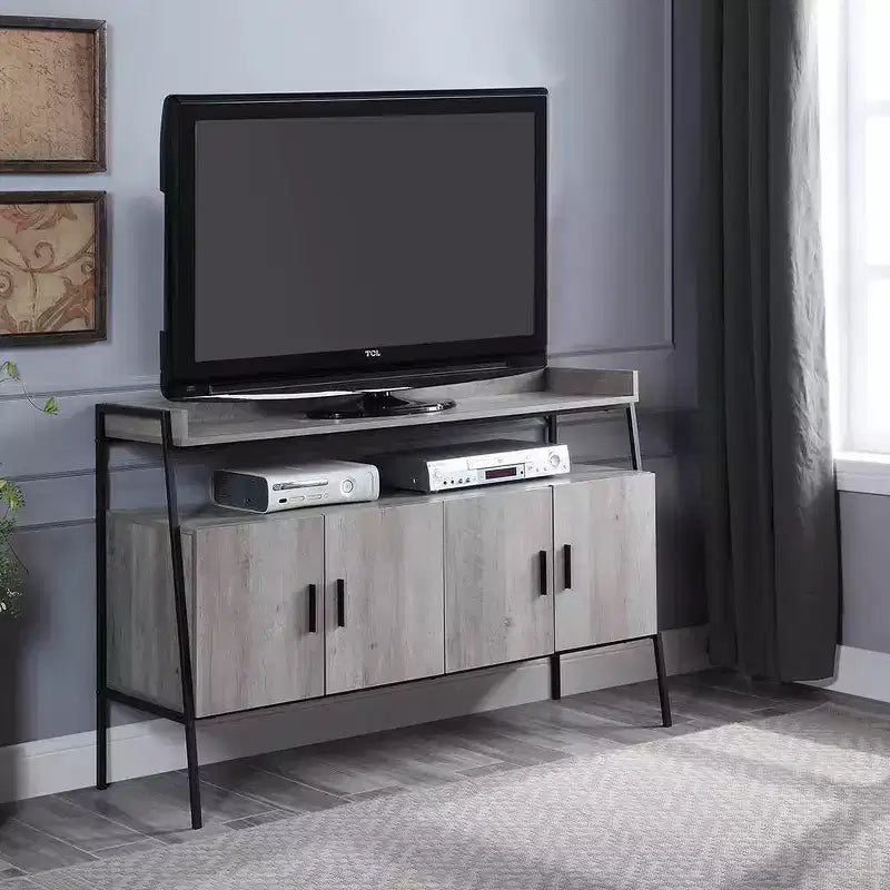 Mobile TV da 52" con Ante e Ripiani Aperti, Finitura Rovere Grigio e Nero