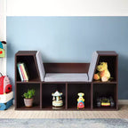 Libreria con 6 cubi contenitore per bambini e angolo lettura imbottito, marrone