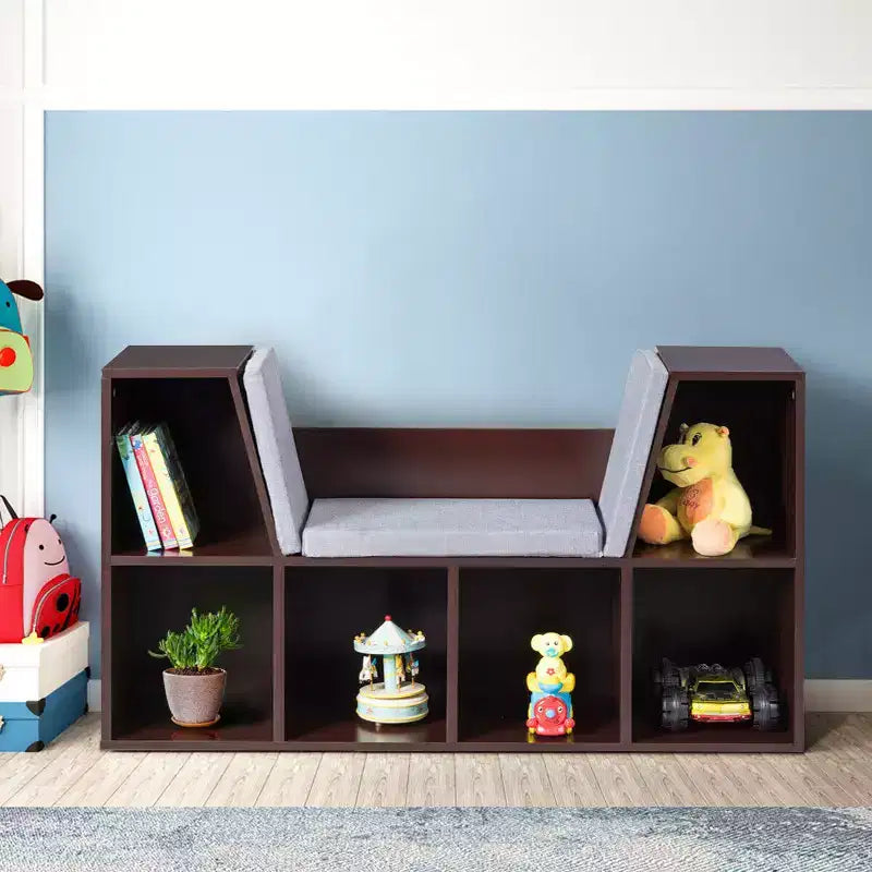 Libreria con 6 cubi contenitore per bambini e angolo lettura imbottito, marrone
