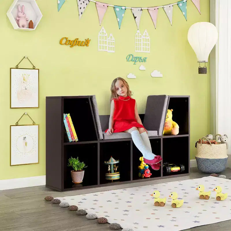 Libreria con 6 cubi contenitore per bambini e angolo lettura imbottito, marrone