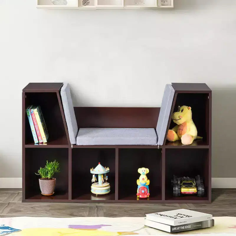 Libreria con 6 cubi contenitore per bambini e angolo lettura imbottito, marrone