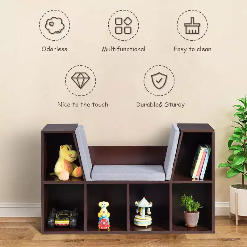Libreria con 6 cubi contenitore per bambini e angolo lettura imbottito, marrone