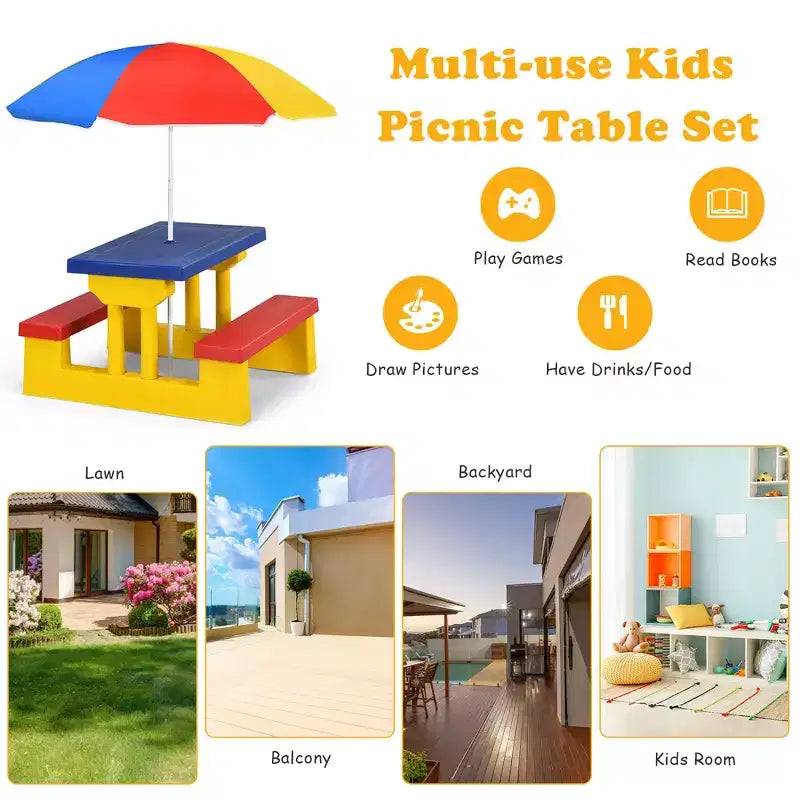 Set Tavolo da Picnic per Bambini con Ombrellone Rimovibile, Uso Interno ed Esterno