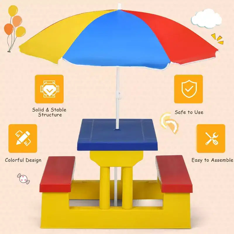 Set Tavolo da Picnic per Bambini con Ombrellone Rimovibile, Uso Interno ed Esterno