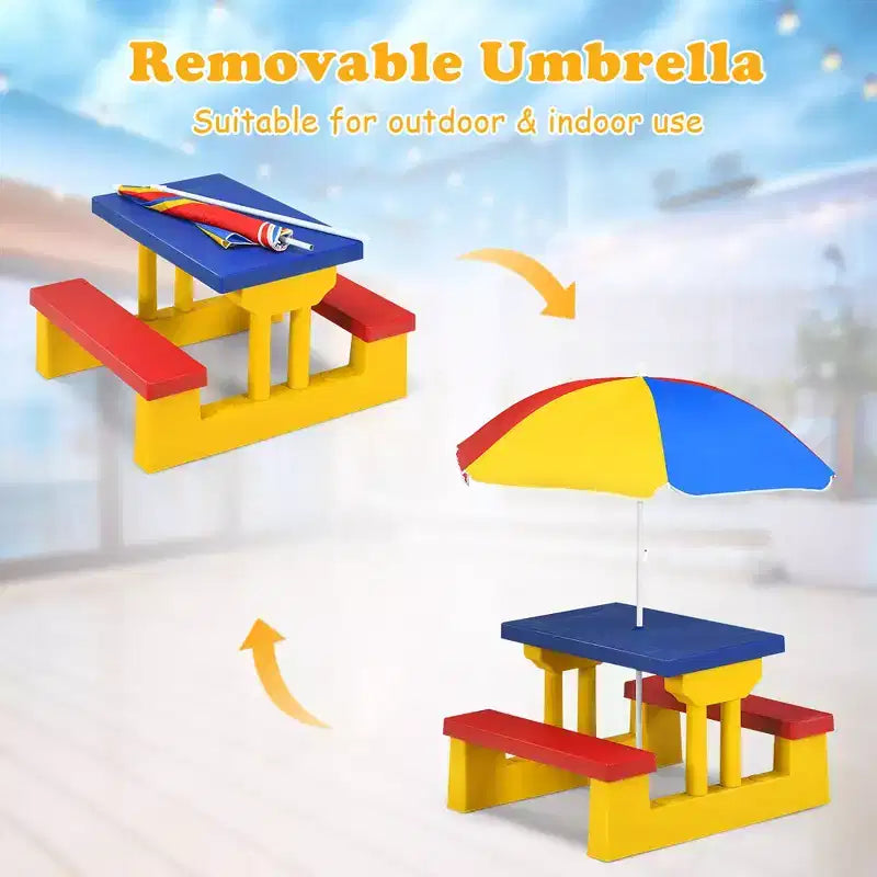 Set Tavolo da Picnic per Bambini con Ombrellone Rimovibile, Uso Interno ed Esterno