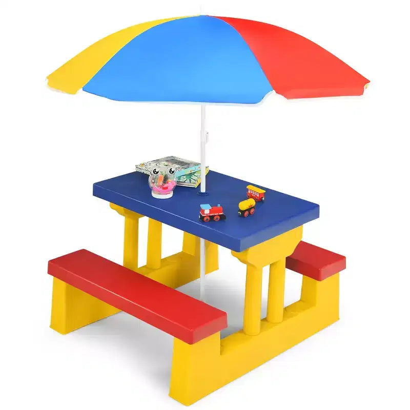 Set Tavolo da Picnic per Bambini con Ombrellone Rimovibile, Uso Interno ed Esterno