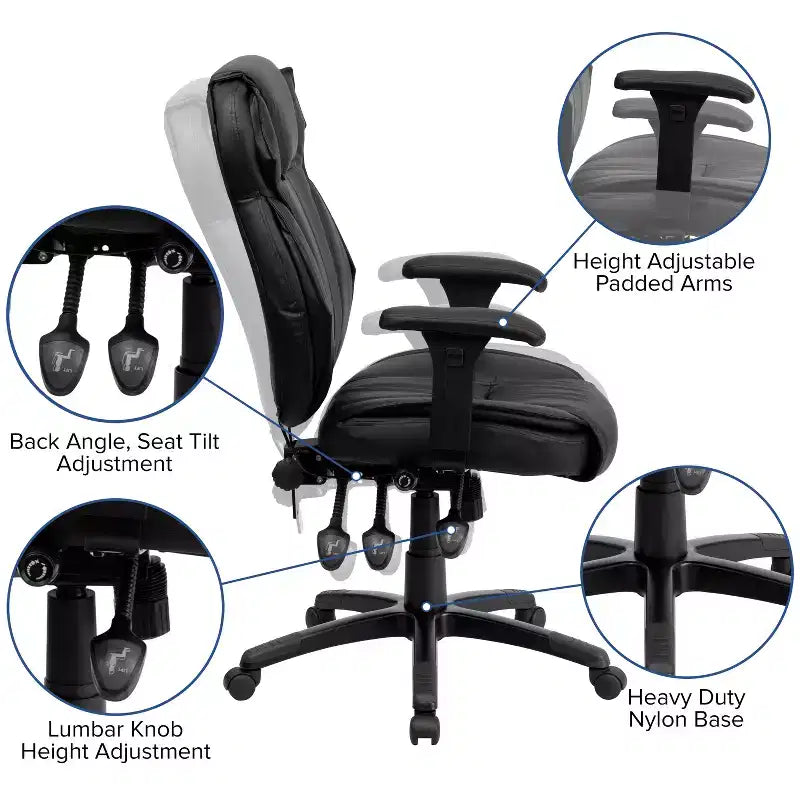 Sedia da ufficio ergonomica multifunzione in pelle Soft nera con schienale alto e supporto lombare